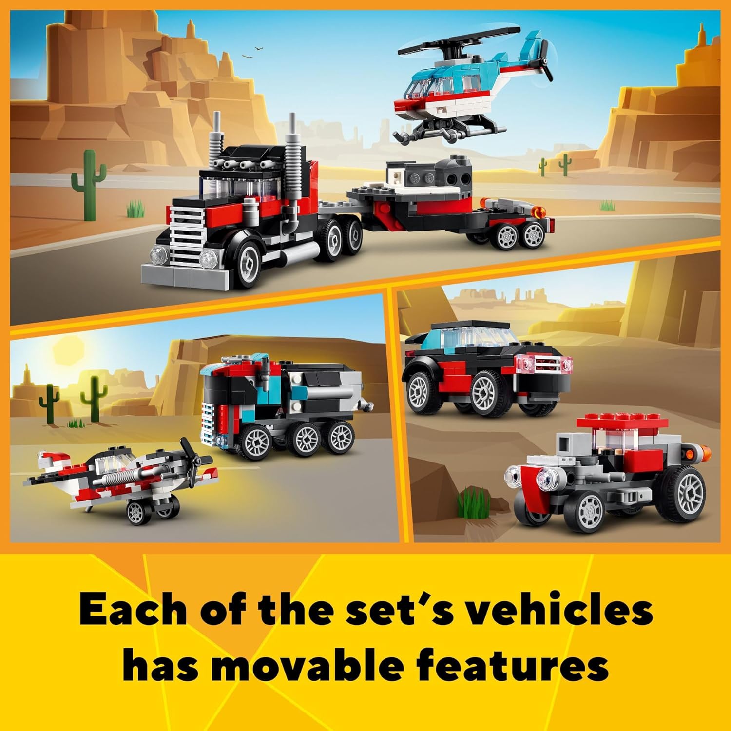 LEGO Creator 3 in 1 Flatbed Truck with Helicopter Toy, Transforms from Flatbed Truck Toy to Propeller Plane to Hot Rod and SUV Cars, Gift Idea for Boys and Girls Ages 7 Years Old and Up, 31146 - Image 3